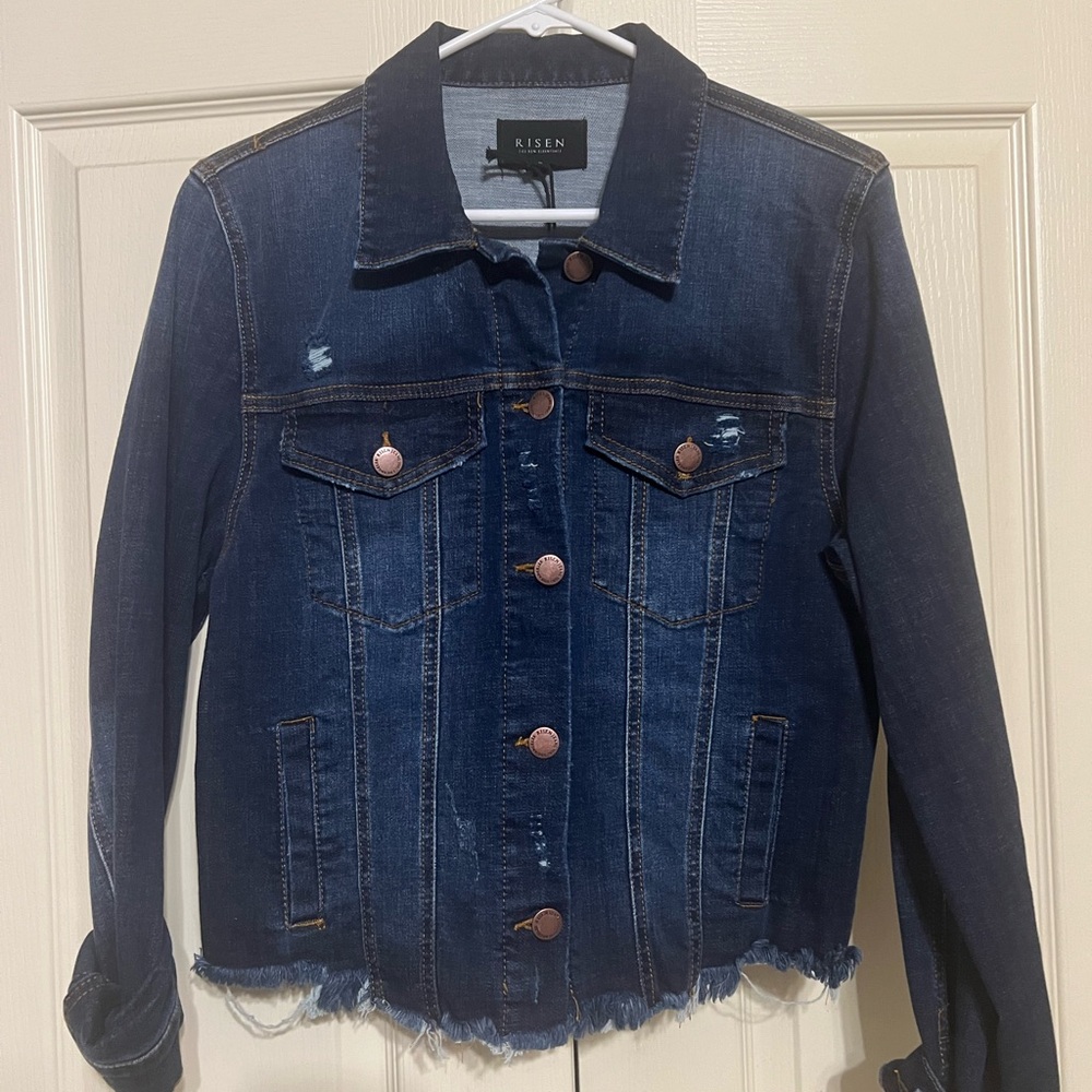 Risen Distressed Denim Jacket size Large